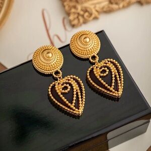 Gold Beaded Heart Drop Earrings - Women’s Jewelry